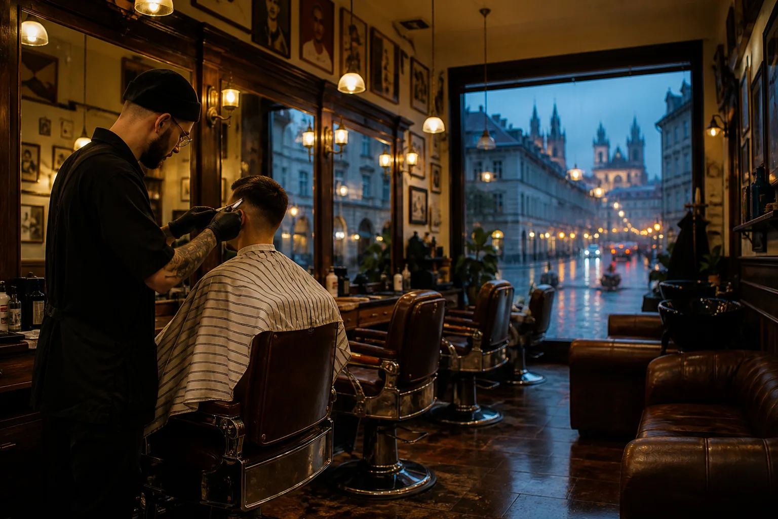 Barber Praha — interiér pánského holičství s klientem ve křesle, katalog KingBarber.cz