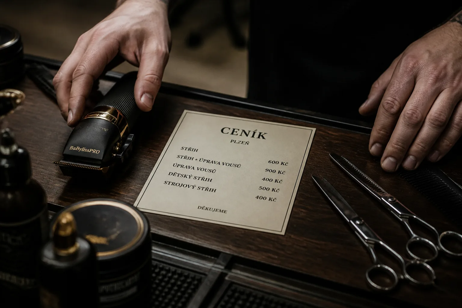 Ceník a nástroje na stanici barbera v Plzni