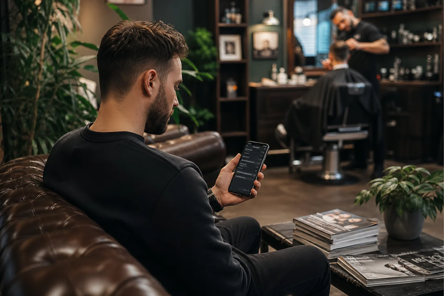 Klient v Brně kontroluje online rezervaci v čekárně barber shopu