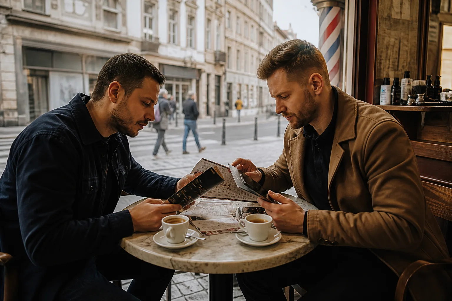 Dva lidé porovnávají ceny a recenze barber shopů v Praze